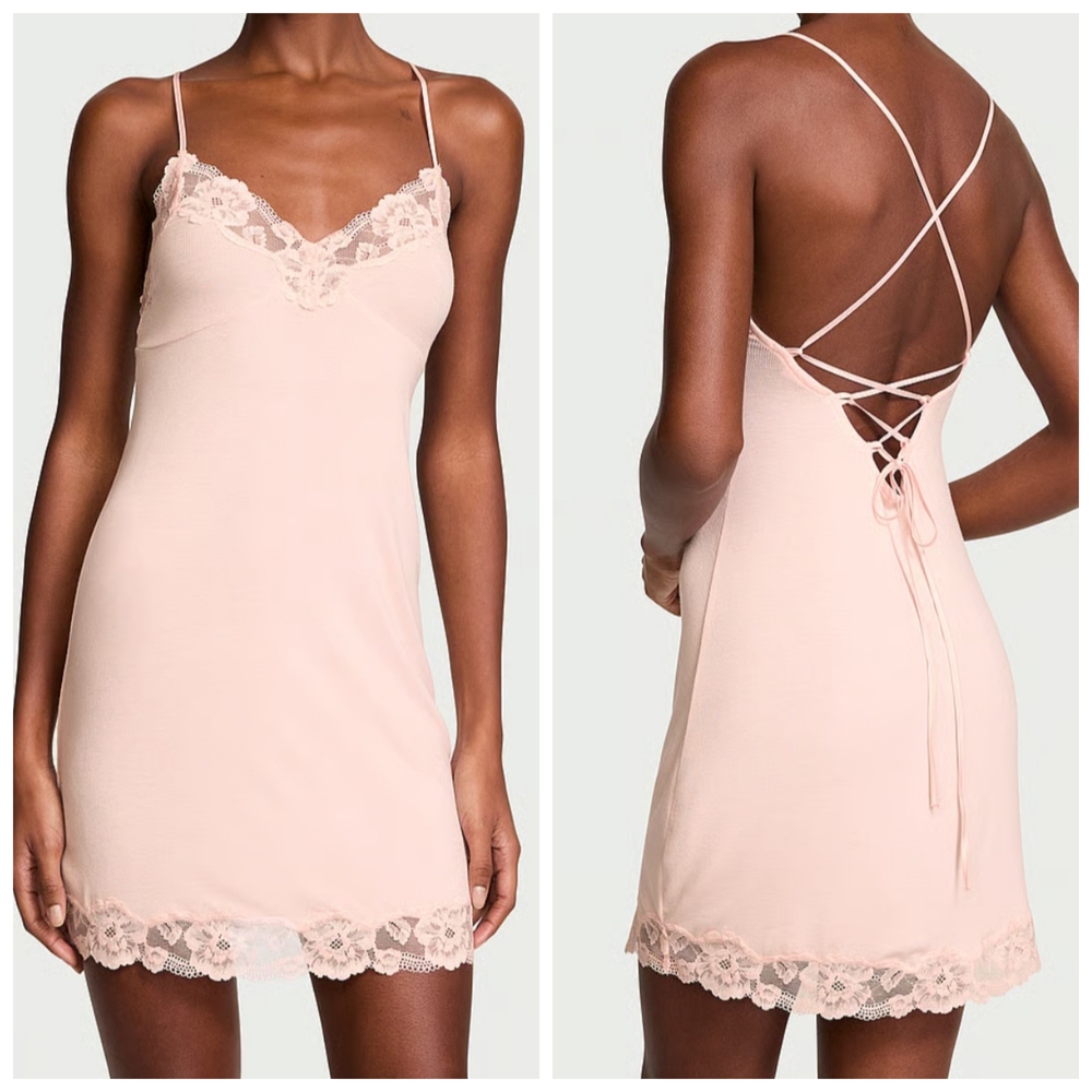Victoria's Secret Purest Pink Lace Slip Dress Size  L (18"-pit to pit & 36" L).